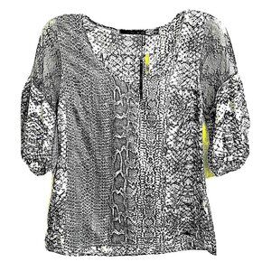 Bellarix 100% Silk Snake Skin Gray Animal Print Blouse Top Lace Insert Sz: S NWT